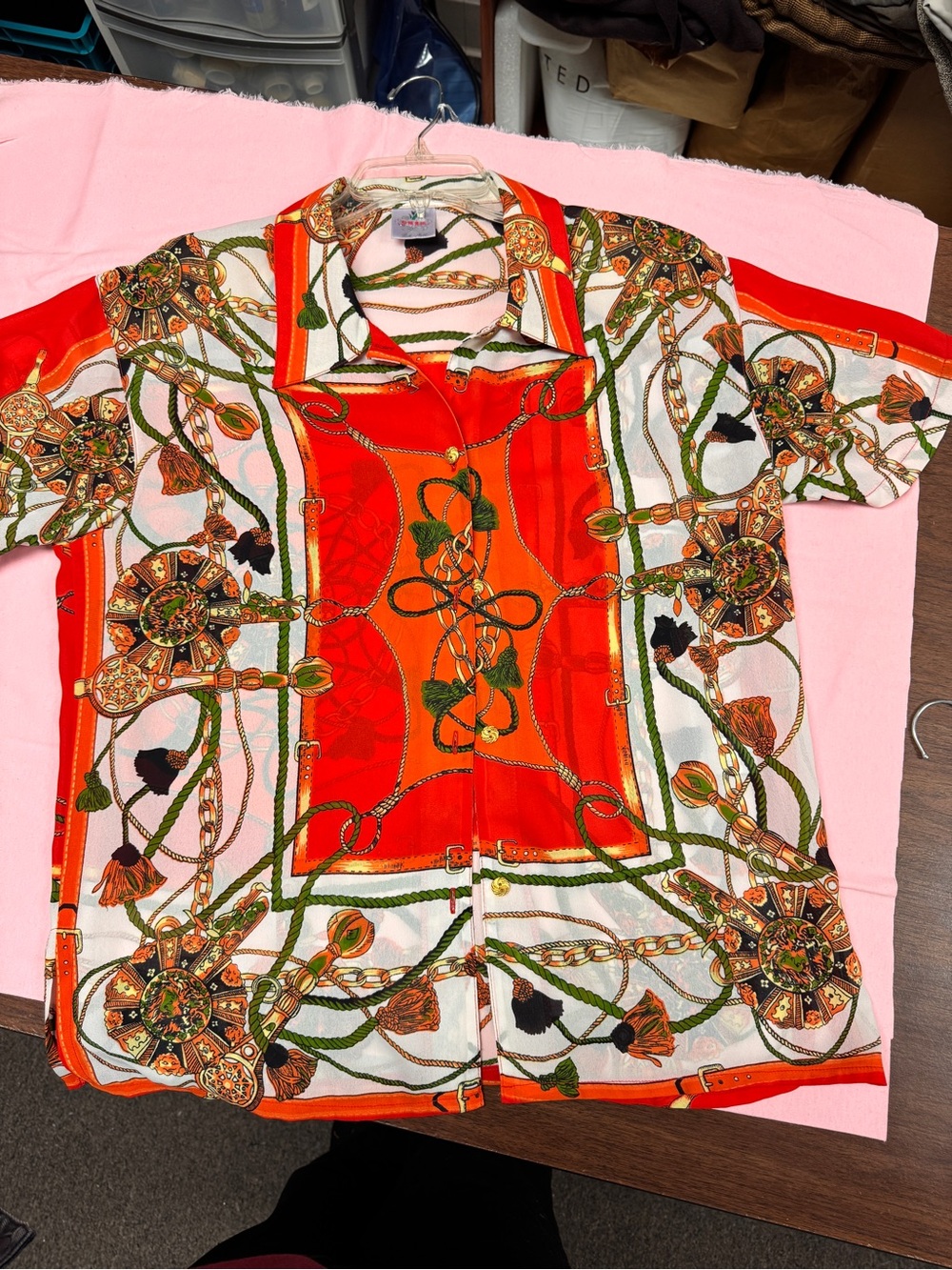 Vibrant Orange & White Baroque Print Button-Up Shirt